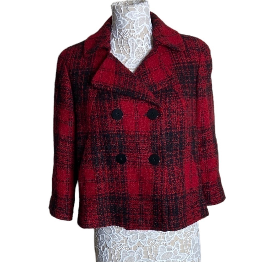 Talbots Plaid Red/Black Wool Textured Blazer
